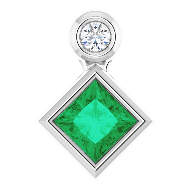 14K White 4x4 mm Square Lab-Grown Emerald & .03 CT Natural Diamond Pendant